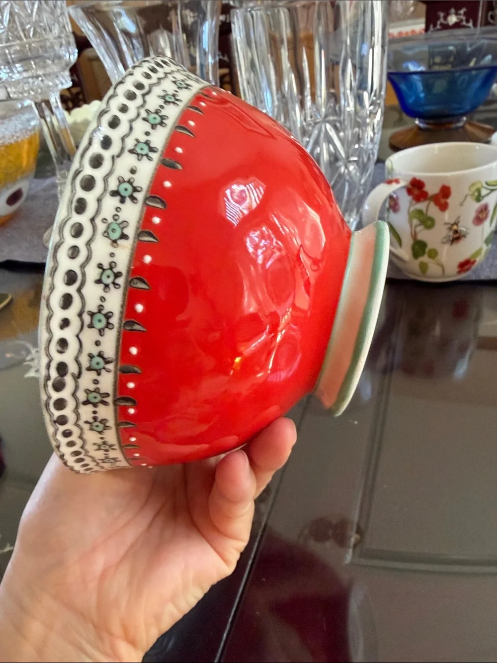 Anthropologie Red and Mint Hand-Painted Ceramic Serving Bowl